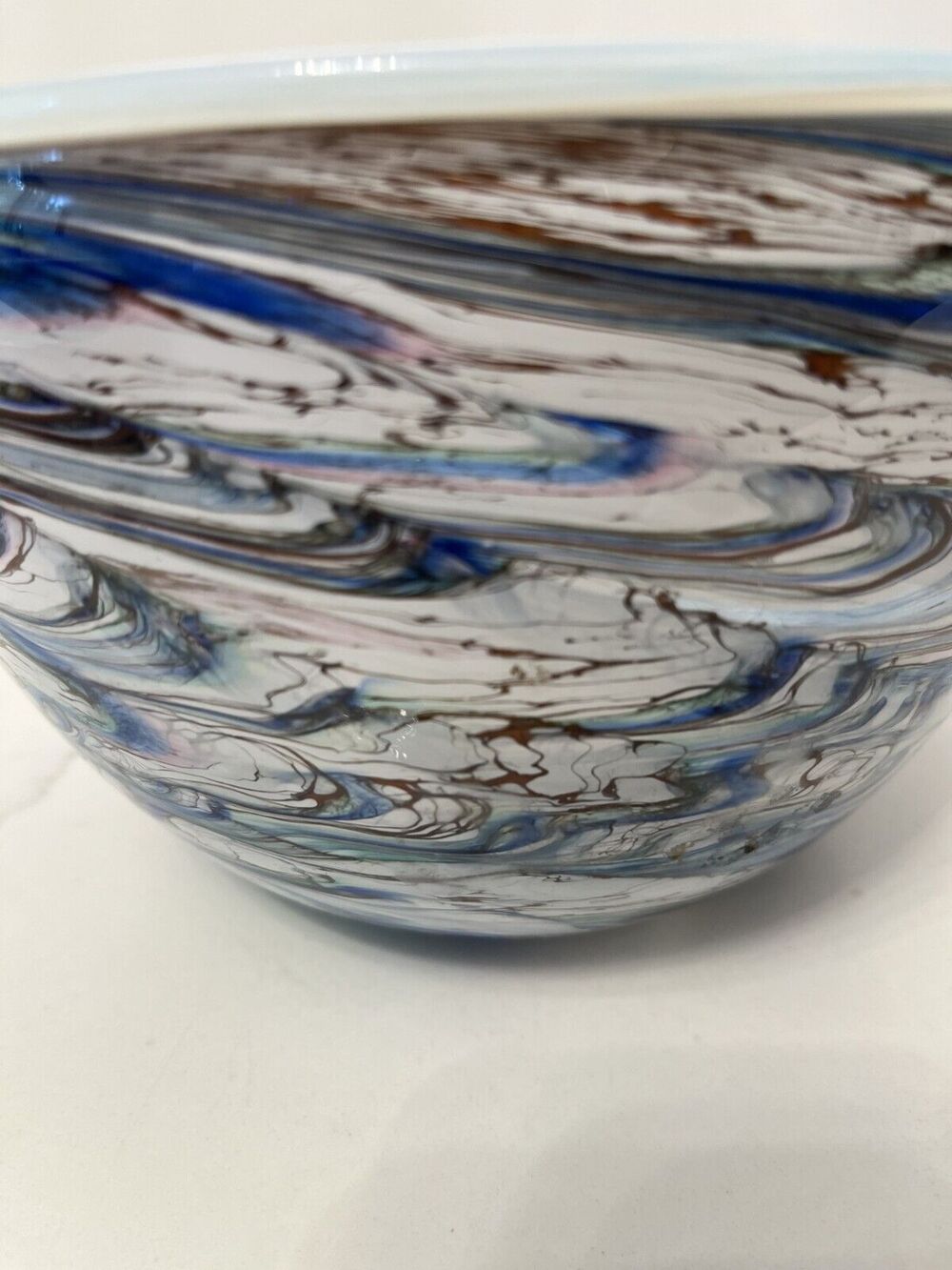 Murano Style Bowl Hand Blown Art Glass Cobalt Blue Swirl 8x6" Centerpiece
